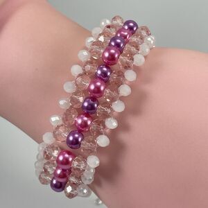 Artisan Hand Crafted Pink Purple Glass Beaded Weave Bracelet Boho Silver Tone